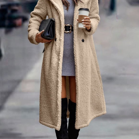 Beige Casual Womens Double Button Hooded Teddy Coat - Picture 5 of 5